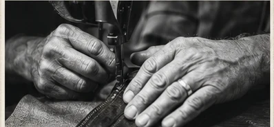 Hands sewing heavy cloth at a machine.